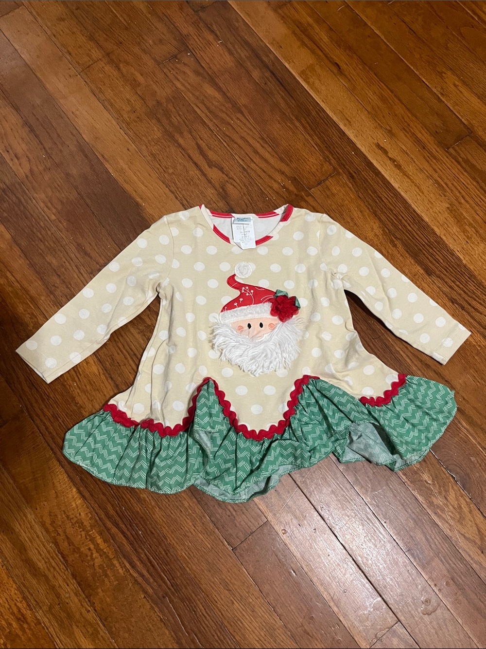 Girls Polka Dot Santa Dress with Green Ruffle Hem